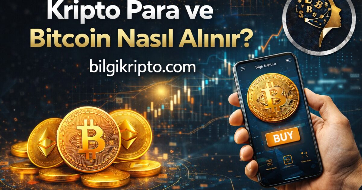 Bu görsel, kripto para nasıl alınır ve Bitcoin nasıl alınır konulu rehber içerik için hazırlanmıştır. Görselde dijital piyasa teması, Bitcoin odaklı yatırım ekranı ve BilgiKripto markalaması yer almaktadır.