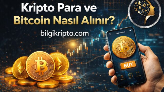 Bu görsel, kripto para nasıl alınır ve Bitcoin nasıl alınır konulu rehber içerik için hazırlanmıştır. Görselde dijital piyasa teması, Bitcoin odaklı yatırım ekranı ve BilgiKripto markalaması yer almaktadır.
