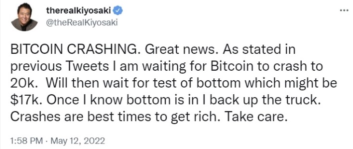 En çok satan kitabı Zengin Baba Yoksul Baba'nın ünlü yazarı Robert Kiyosaki, bitcoin'in 17 bin dolara düşebileceğine inanıyor. Bunu ek olarak, Altın ve gümüşün yanı sıra yatırımcılara Bitcoin tavsiye ediyor. Robert Kiyosaki, Bitcoin İle Neler Söylüyor?