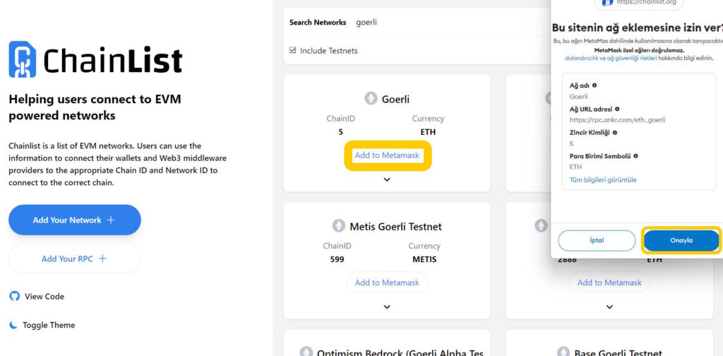 metamask goerli ekleme