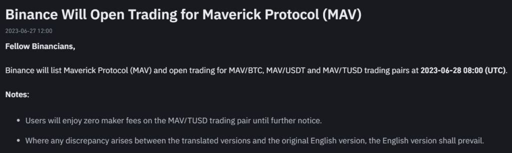 Binance Duyurdu, Maverick Protocol (MAV) Coin Listeleniyor!