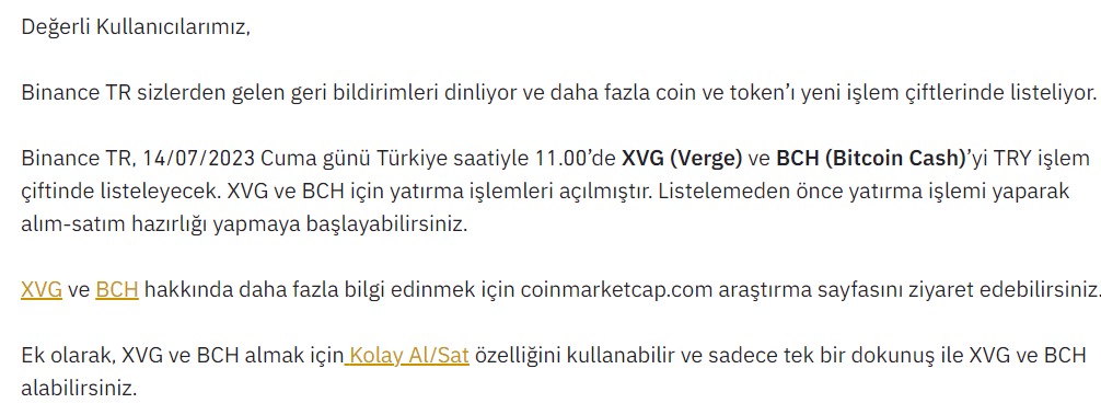 Binance TR XVG (Verge) ve BCH (Bitcoin Cash)’i TRY İşlem Çiftinde Listeleyecek