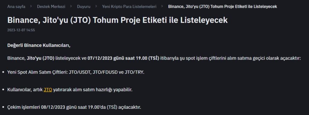 binance jito jto coin listeleme listeleme new listing liste yeni listeleme yeni listelenecek coinler