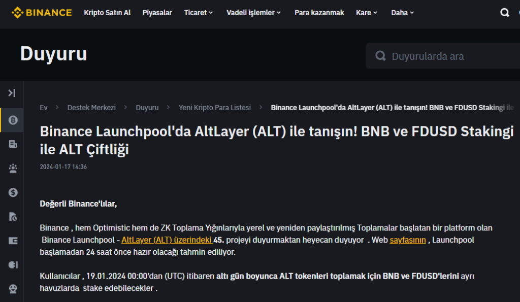 binance launchpool duyuru listeleme bnb fdusd stake satın al ücretsiz kazan airdrop