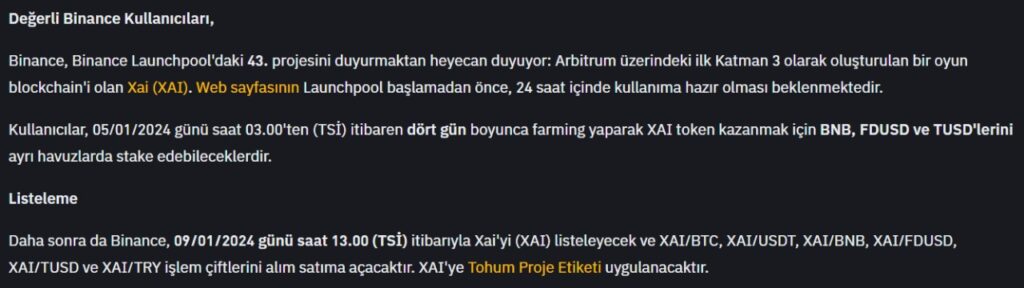 binance xai launchpool listeleme listing detaylar