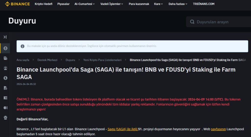 binance saga token coin listelemesi 