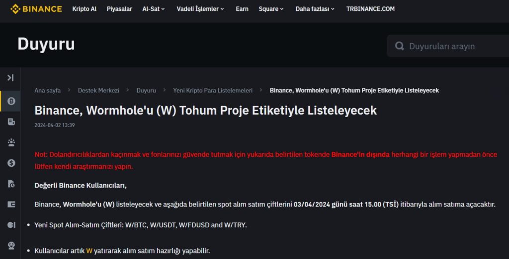 binance wormhole w coin listeleme duyurusu tarihi saati  