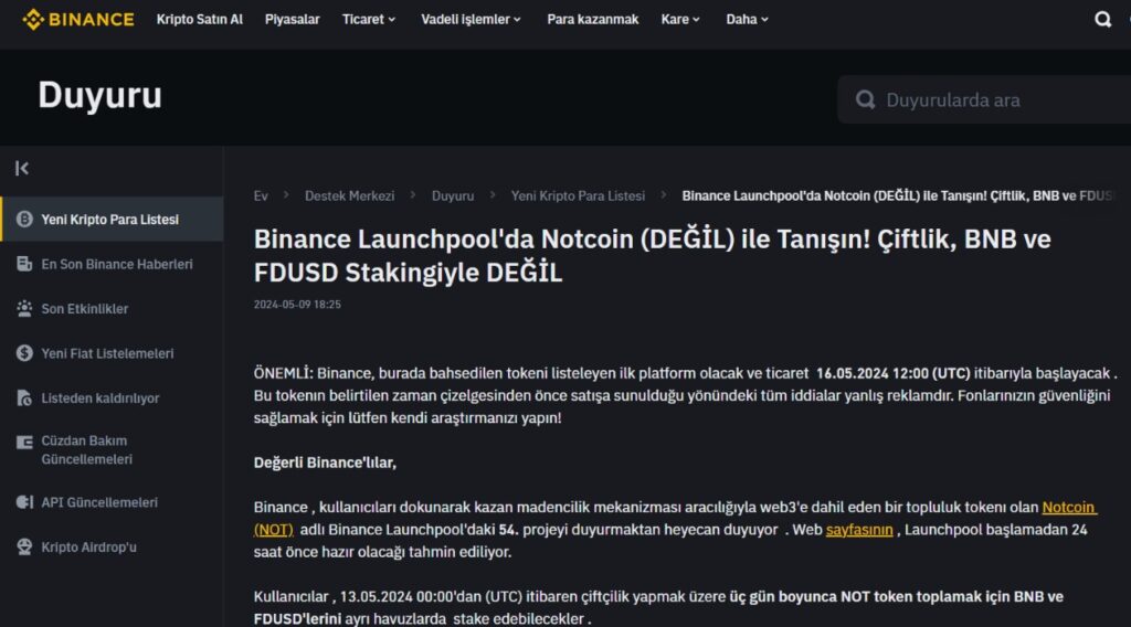 Binance Notcoin'i saat kaçta listeleyecek? Binance üzerinden Notcoin nasıl alınır? Notcoin nerede listelenecek? Not coin ne zaman listelenir? Notcoin Launchpool Ödülleri ne kadar? Binance Launchpool Notcoin ödülleri ne zaman yatar?