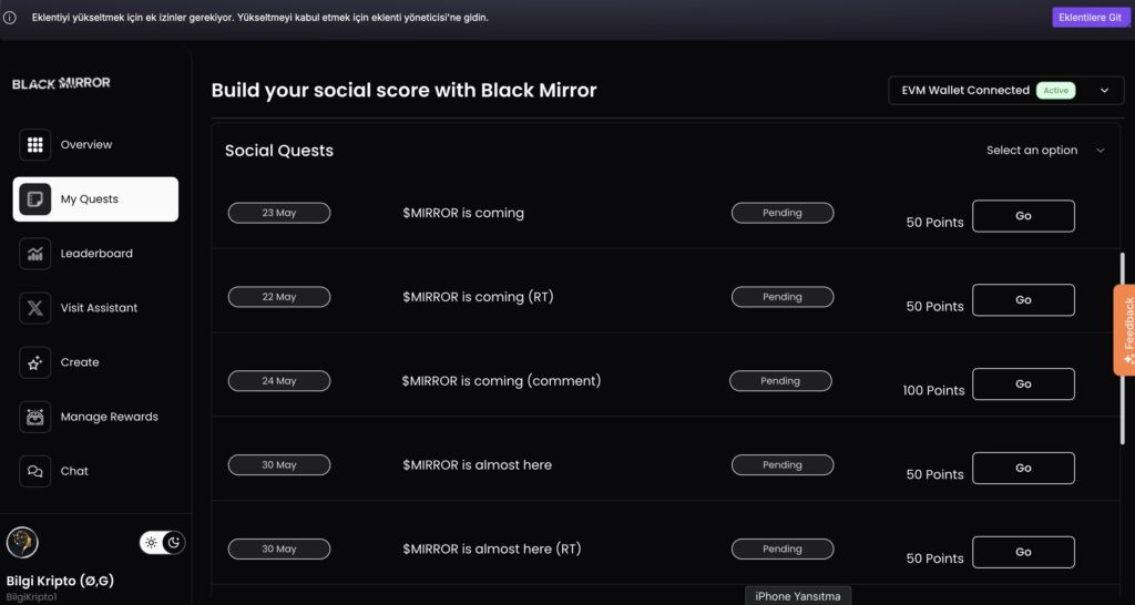 $MIRROR Token

Black Mirror token

Web3 sosyal token

Black Mirror ekosistemi

Dijital kimlik güçlendirme

Onchain sosyal deneyim

Stake ve airdrop fırsatları

Web3 transmedya deneyimi

Sosyal itibar artırma

Blockchain sosyal etkileşim