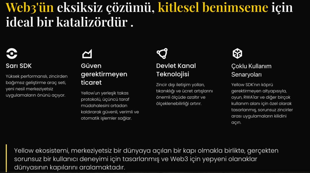 Yellow Network, Yellow nedir, Yellow SDK, YELLOW token, Web3 altyapısı, zincirler arası işlem, cross-chain trading, state channel teknolojisi, trustless trading, blockchain likidite çözümü, Web3 SDK, merkeziyetsiz ticaret altyapısı, Yellow Clearing Network, NeoDAX, Web3 finans altyapısı